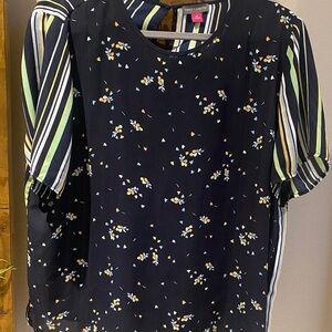 Vince Camuto Black Floral Top with Striped Sleeves
